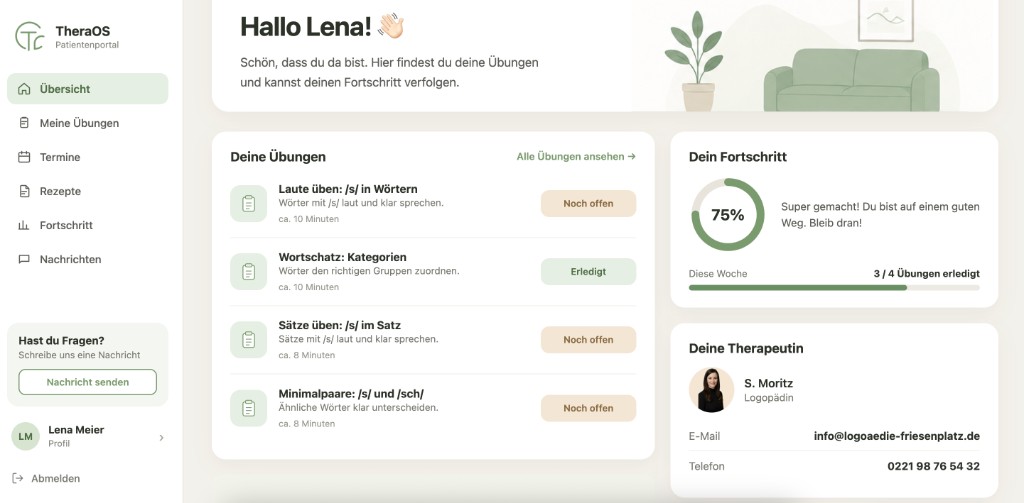 Website-Screenshot Projekt TheraOS Patientenportal